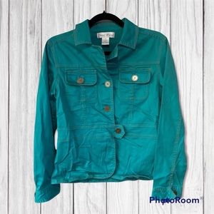 Teal Jacket Brass Metal Button Details
